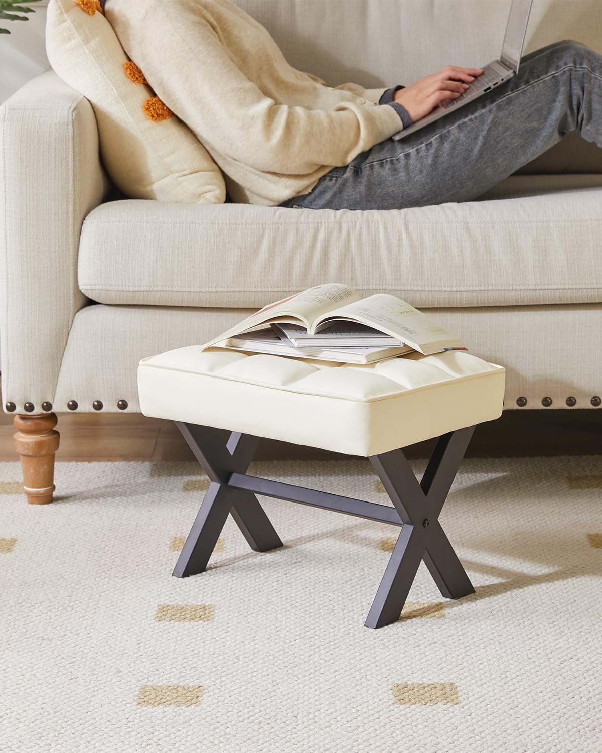 IBUYKE Small 12" H Footrest, Square PU Step Stool, White WBD012W
