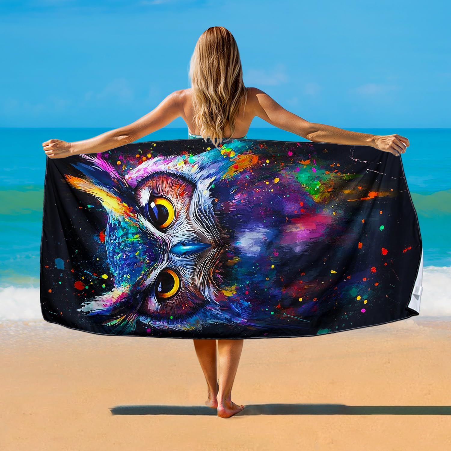 Violetpos Neon Owl Dragon Beach Towel, Extra Large 180x90 cm 250GSM Microfibre, Sand Free Quick Dry