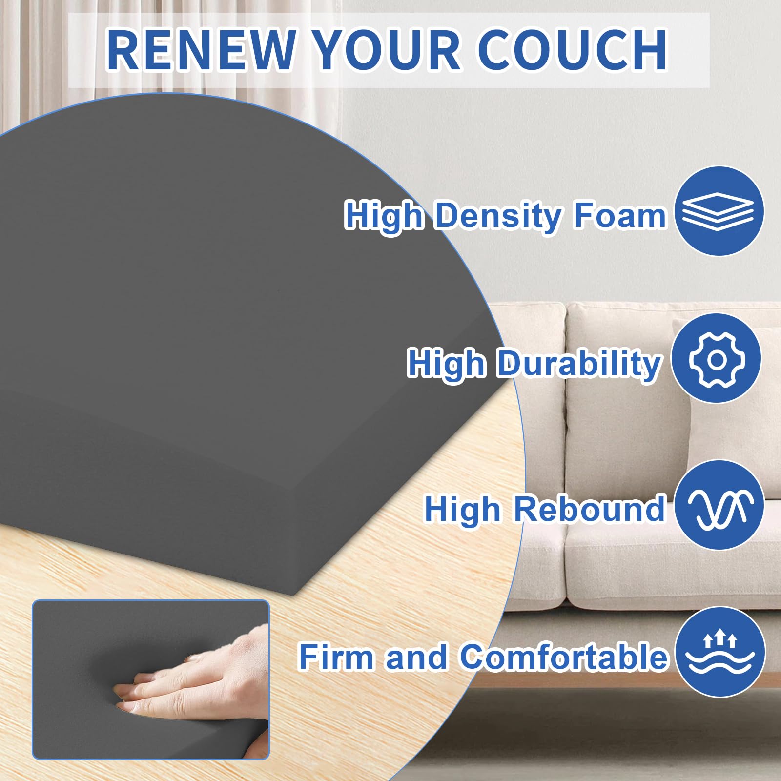Lanswood Sofa Cushion Support for Sagging Seat 3Pack 50 x 50cm High-Density Sofa Support Cushions Foam Replacement Sofas Seat Cushions Under Cushion