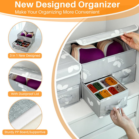 EASEVE 2 Pack Sock Underwear Drawer Organiser with Lid - Wardrobe Clothes Storage Boxes with Dividers, Foldable Fabric Closet Organizer for Bra, Sock