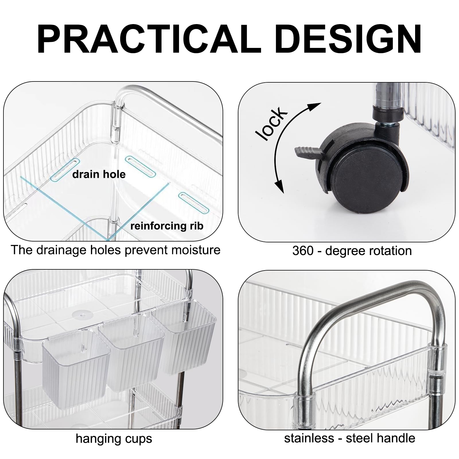 Speclux 4-Tier Clear Acrylic Rolling Storage Trolley on Wheels with Bonus Hanging Cups, Lockable Wheels & Handle