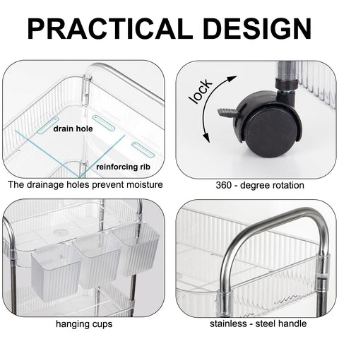 Speclux 4-Tier Clear Acrylic Rolling Storage Trolley on Wheels with Bonus Hanging Cups, Lockable Wheels & Handle