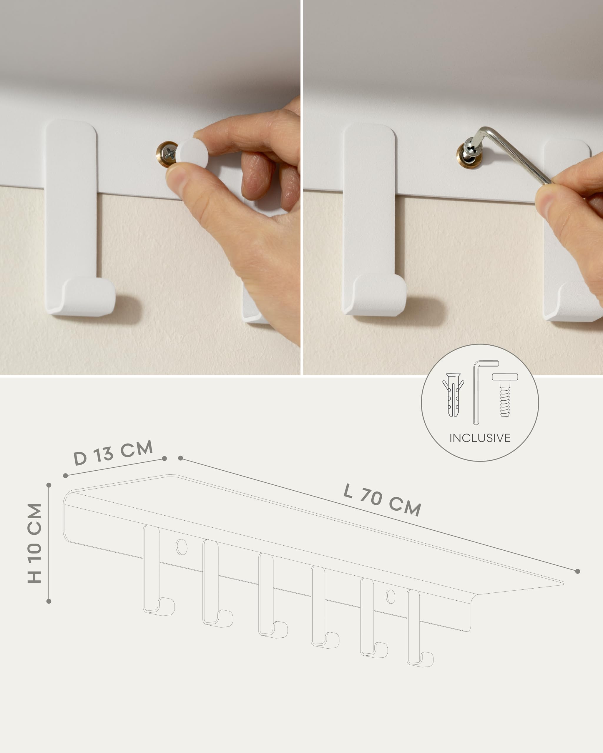 Kazai. Wall Mounted Coat Rack with Shelf 'Holmsen' | Modern Coat Hooks Wall Mounted | Hanger with Storage Shelf | Metal Hook Rack for Hallway | White