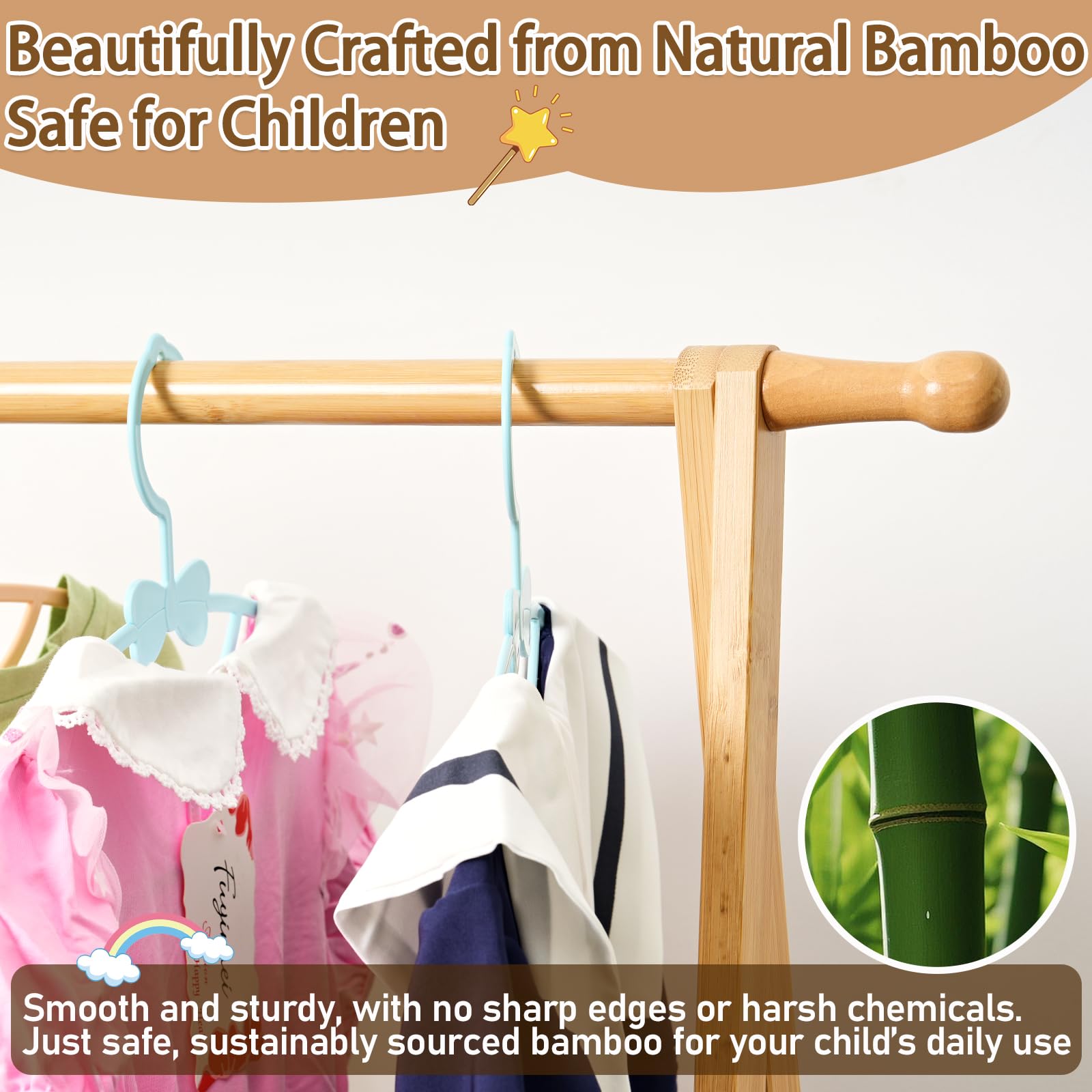 Bamysol 100% Natural Bamboo Kids Dress Up Rail With Storage, Toddler Wardrobe, Baby Crate Hamper with Rail, Kids Clothes Rail