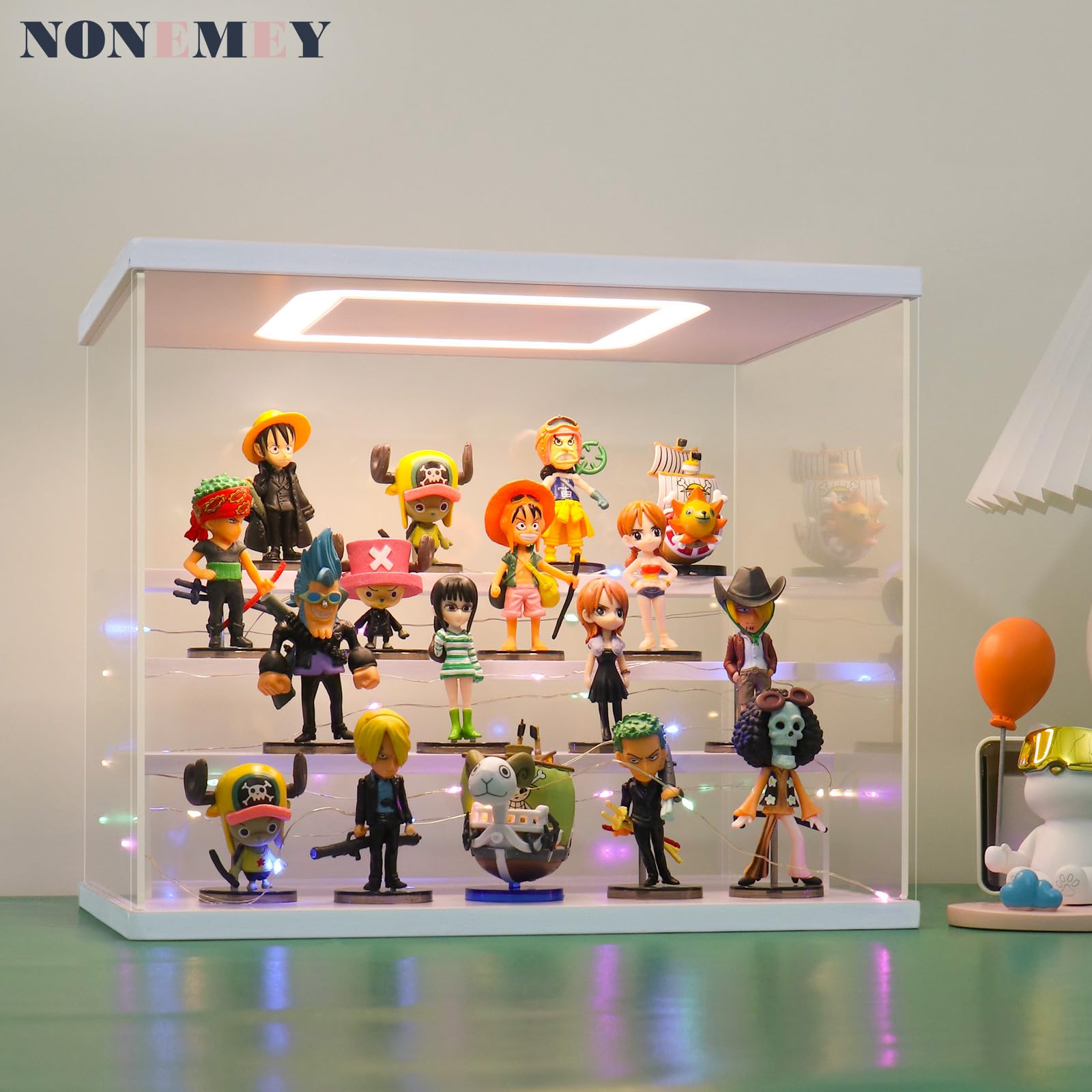 NONEMEY Clear Acrylic Display Case Stand with LED Light 2/3/4/5/6 Tier Storage Box Showcase Dustproof Organizer Box for Collectibles