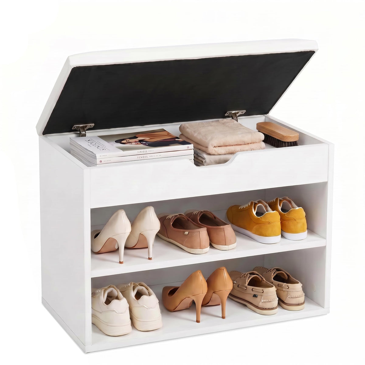 Mondeer Shoe Storage Bench, 60 cm Wide with Folding Padded Seat, White