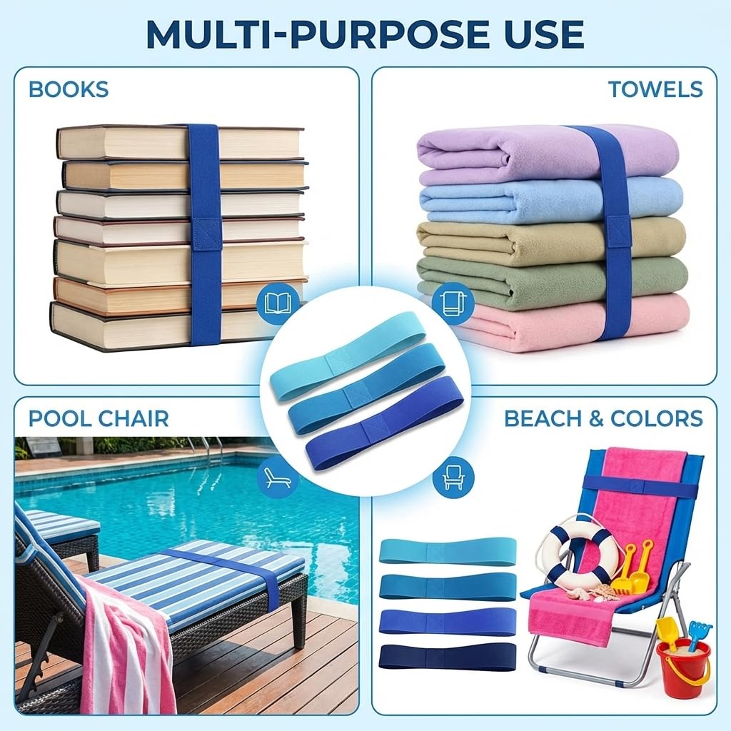 4 Pack Beach Towel Bands for Sun Loungers, Elastic Towel Holders for Beach Chairs, Windproof Sunbed Straps for Cruise, Poolside, Vacation Accessories