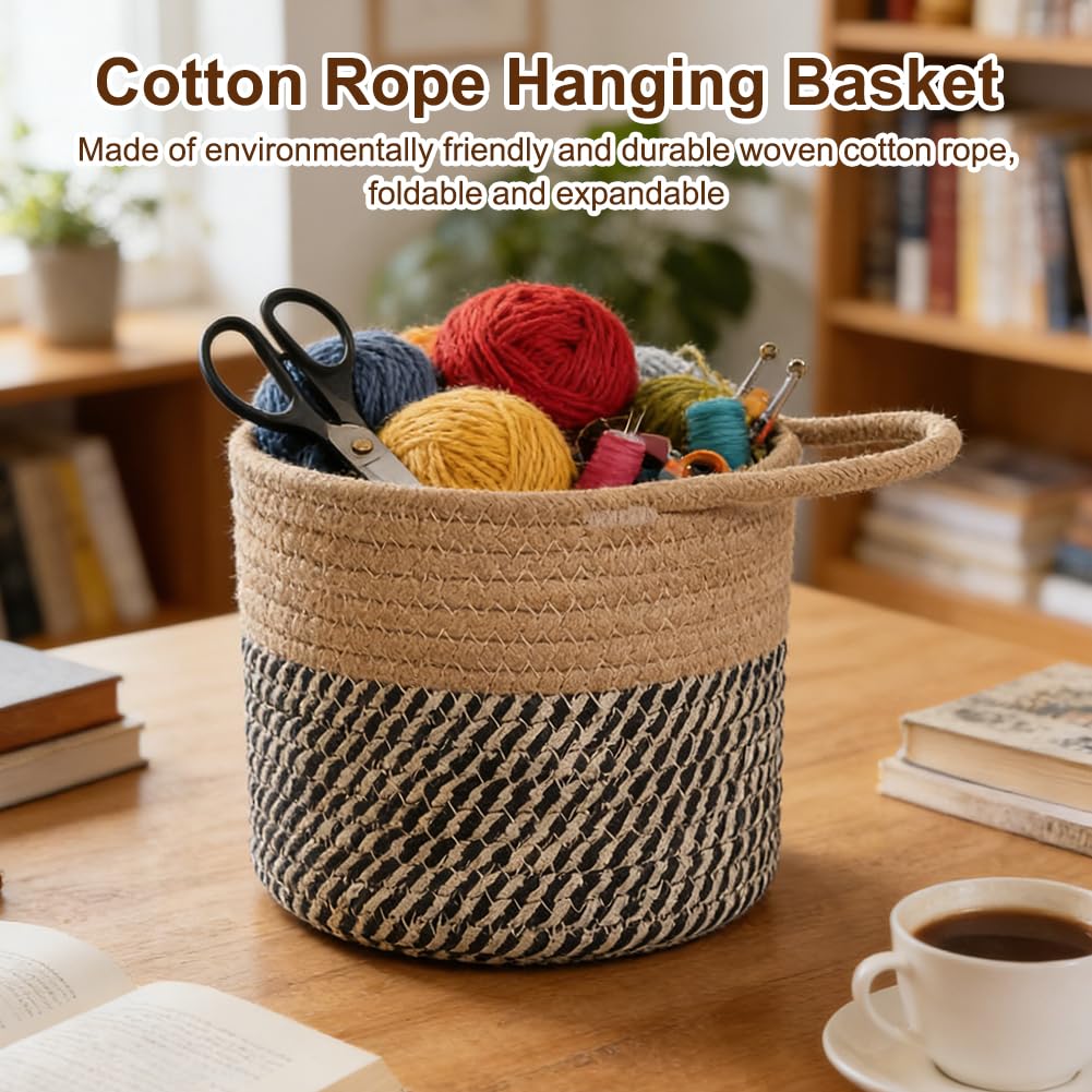 Pack of 2 Cotton Hanging Baskets, Organiser, Storage Basket, Wall Baskets with Handle, 15 x 15 cm, Storage Baskets for Kitchen, Bathroom, Bedroom