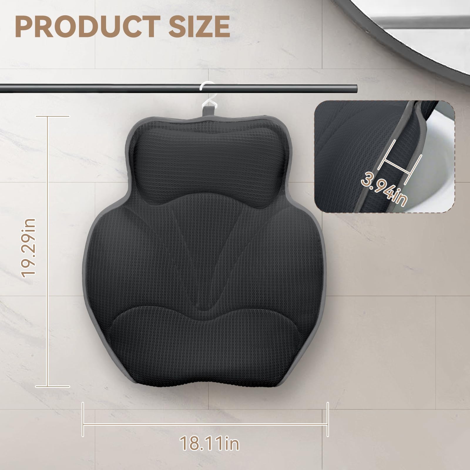 Poemland Bath Pillow for Tub - Luxury Bath Pillow for Neck, Head & Back Support, Soft 5D Mesh Quick Dry Fabric, 54 Non-Slip Suction Cups