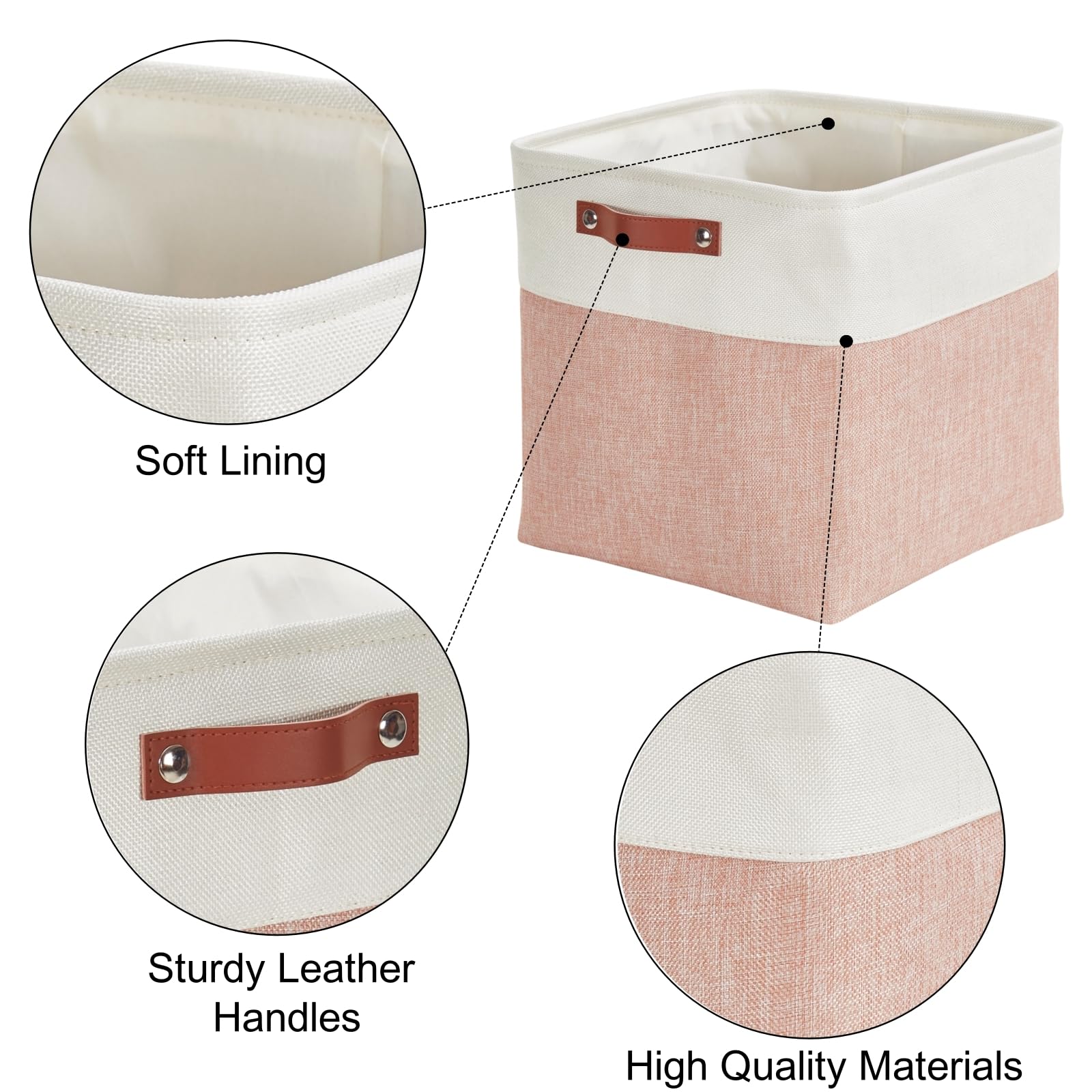 Mangata Collapsible Storage Cube Boxes, 33x38x33CM Linen Woven Fabric Storage Baskets with Leather Handles 3PCS(Pink and White)
