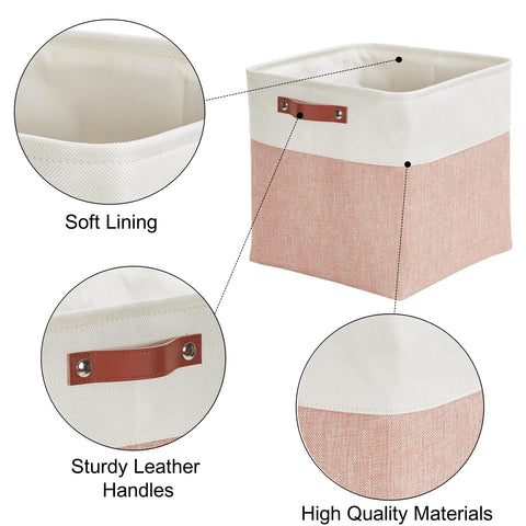 Mangata Collapsible Storage Cube Boxes, 33x38x33CM Linen Woven Fabric Storage Baskets with Leather Handles 3PCS(Pink and White)