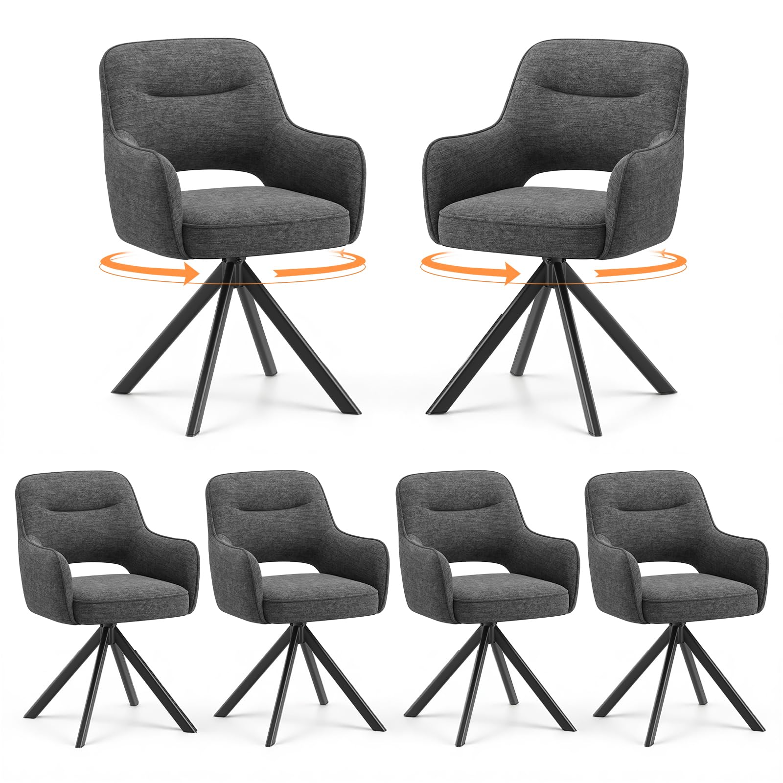 COLAMY 360°Swivel Dining Chairs Set of 6, Fabric Chairs for Dining Room with Armrests, Hollow Backrest and Thick Seat Cushion