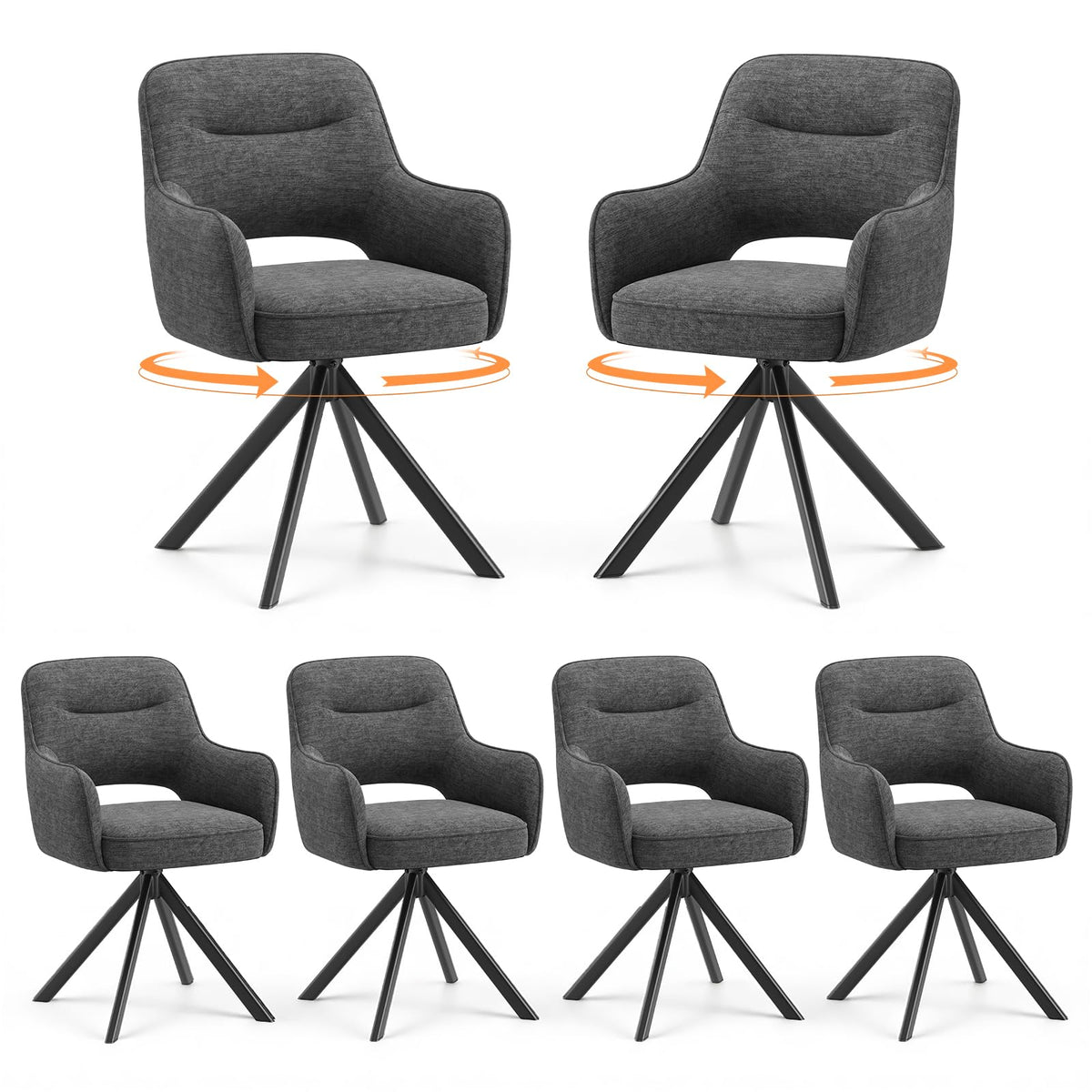 COLAMY 360°Swivel Dining Chairs Set of 6, Fabric Chairs for Dining Room with Armrests, Hollow Backrest and Thick Seat Cushion