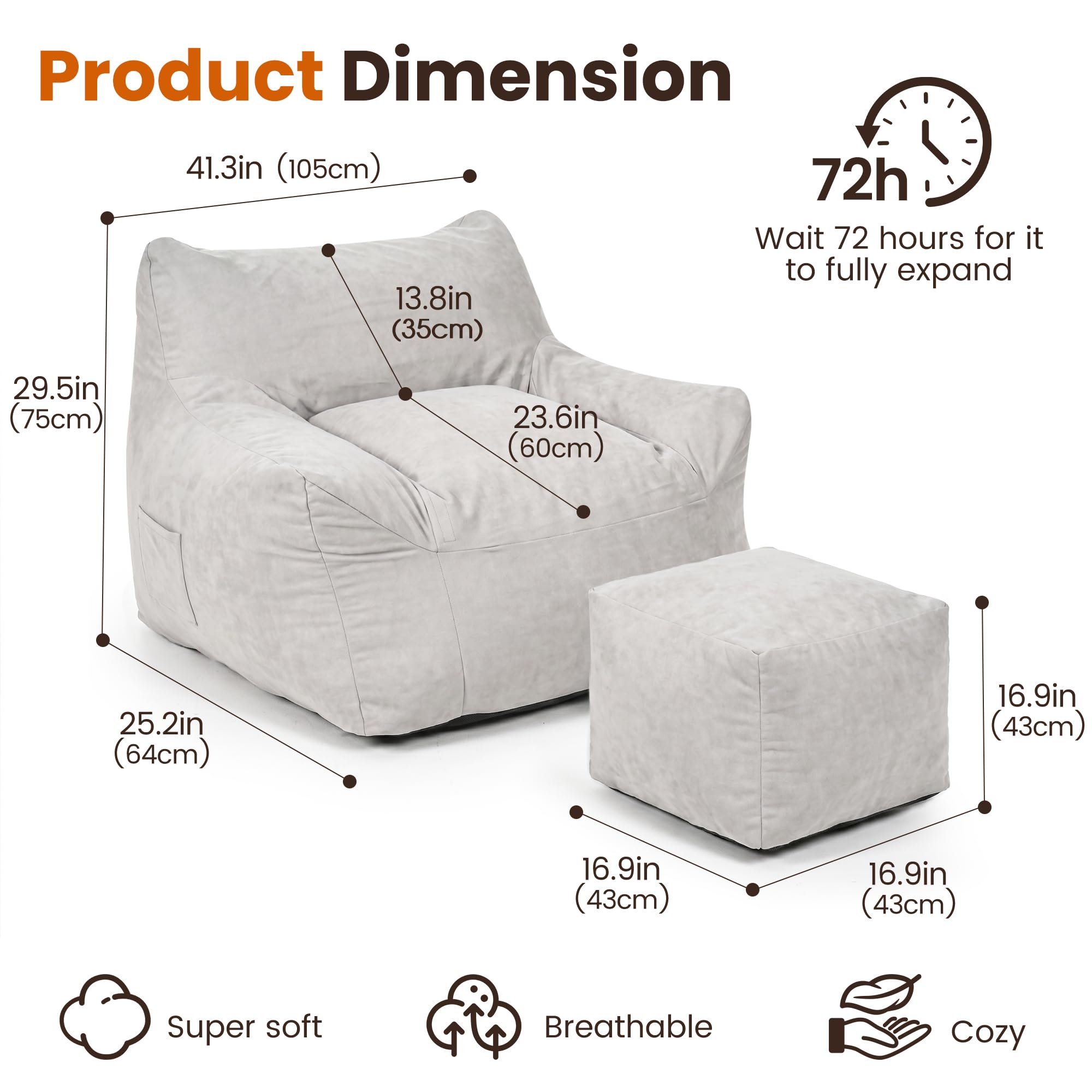 Pamapic Bean Bag, Bean Bag Chair Indoor Outdoor Weather Resistant, Large Beanbag Sofa with Footstool, BeanBag Adult with FIlling Included