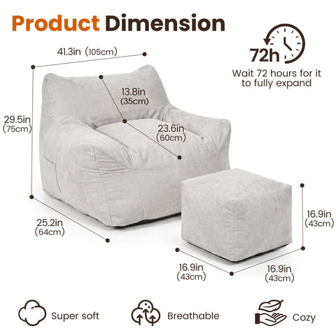 Pamapic Bean Bag, Bean Bag Chair Indoor Outdoor Weather Resistant, Large Beanbag Sofa with Footstool, BeanBag Adult with FIlling Included