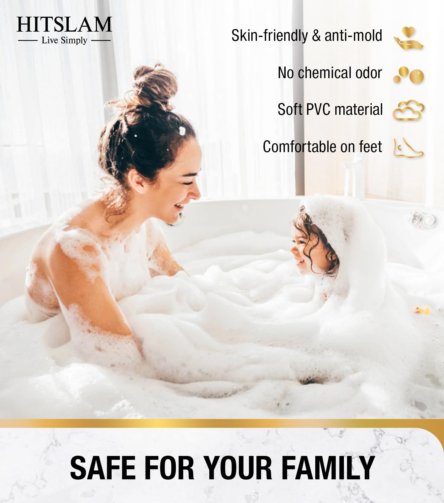 HITSLAM Non Slip Bath Mat for Tub, 101 x 40cm Extra Long Shower Mat Anti Mould, Machine Washable Bathroom Bathtub Mat with Suction Cups and Drain