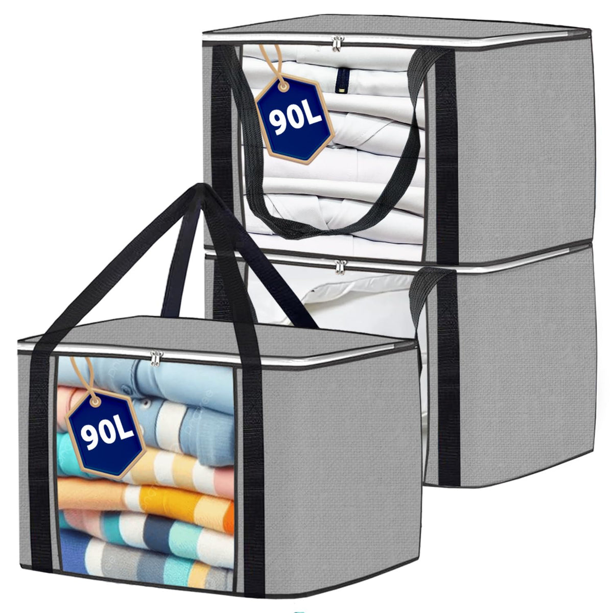 Joybees Clothes Storage Bags with Lids, 3-Pack, 90L Large Foldable Boxes with Zipper & Clear Window, Thick Scratch-Resistant Material