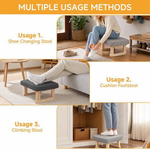 Foot Stool with 2 Linen Removable Cover, Solid Wooden, 18cm, Thickened
