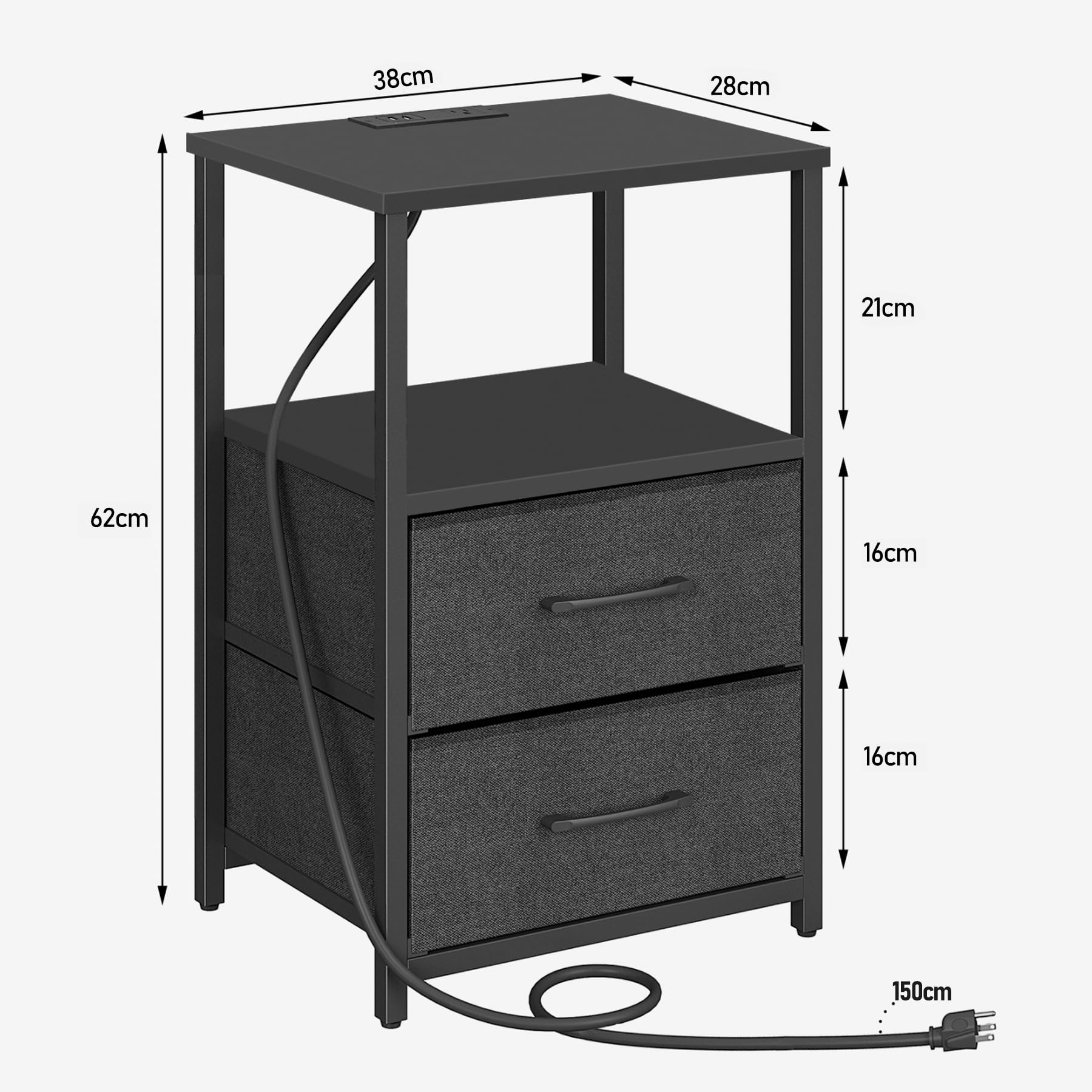 TUTOTAK Bedside Table with Charging Station, Side Table with 2 USB Ports and Outlets, Nightstand with Cloth Drawer, Set of 2, End Table