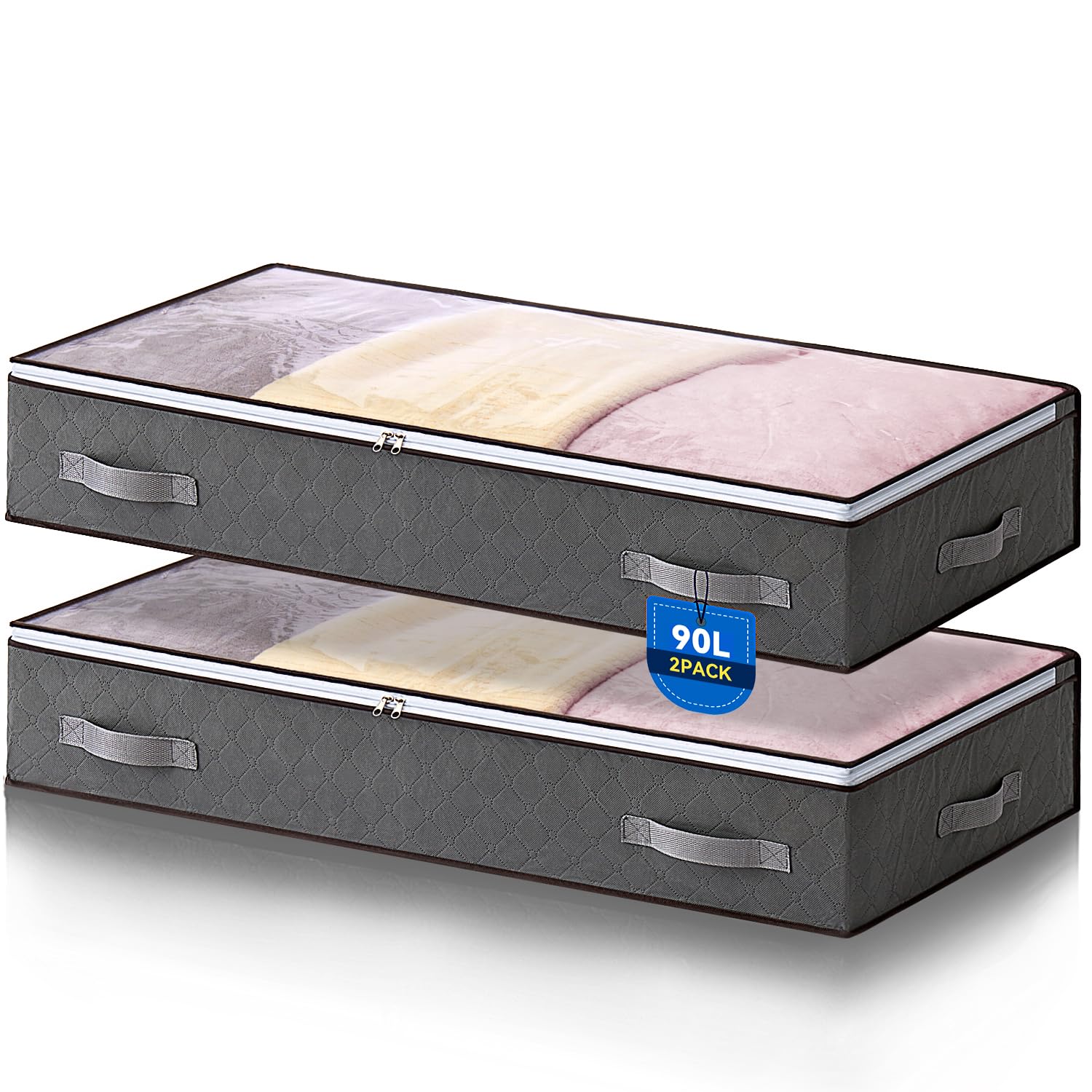 Boic 2 Pack 90L Underbed Storage Bags, Under Bed Storage Box With Lid, Clothes Storage Bag Foldable