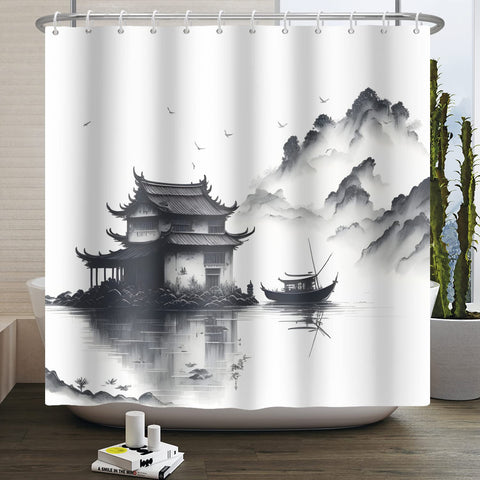 SDOTPMT 180x180cm Lake Mountain Shower Curtain Smokey Mountain Boat Wild Nature Bathtub Countryside Scenery Photo Artwork Bath Curtain for Bathroom