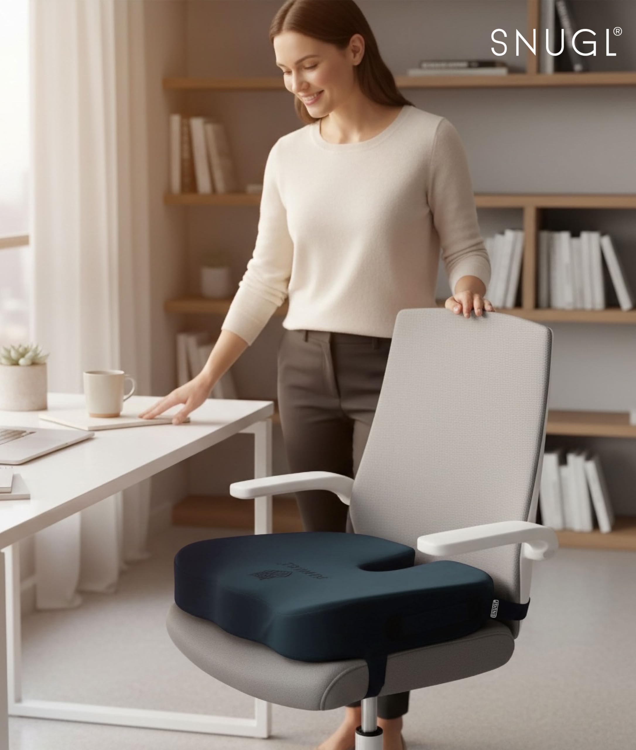SNUGL Coccyx Seat Cushion – Orthopedic Memory Foam Pillow for Desk Chair, Gaming, Wheelchair, Car Seat, Postpartum & Pregnancy, Hemorrhoids Treatment