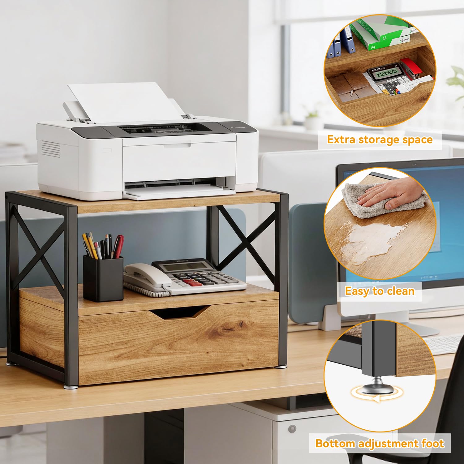 IBUYKE 2 Tier Desktop Printer Stand,Multi-Purpose Desk Organizer,Wooden Printer Stand with Drawer Storage for Folders,Books,for Fax Machine