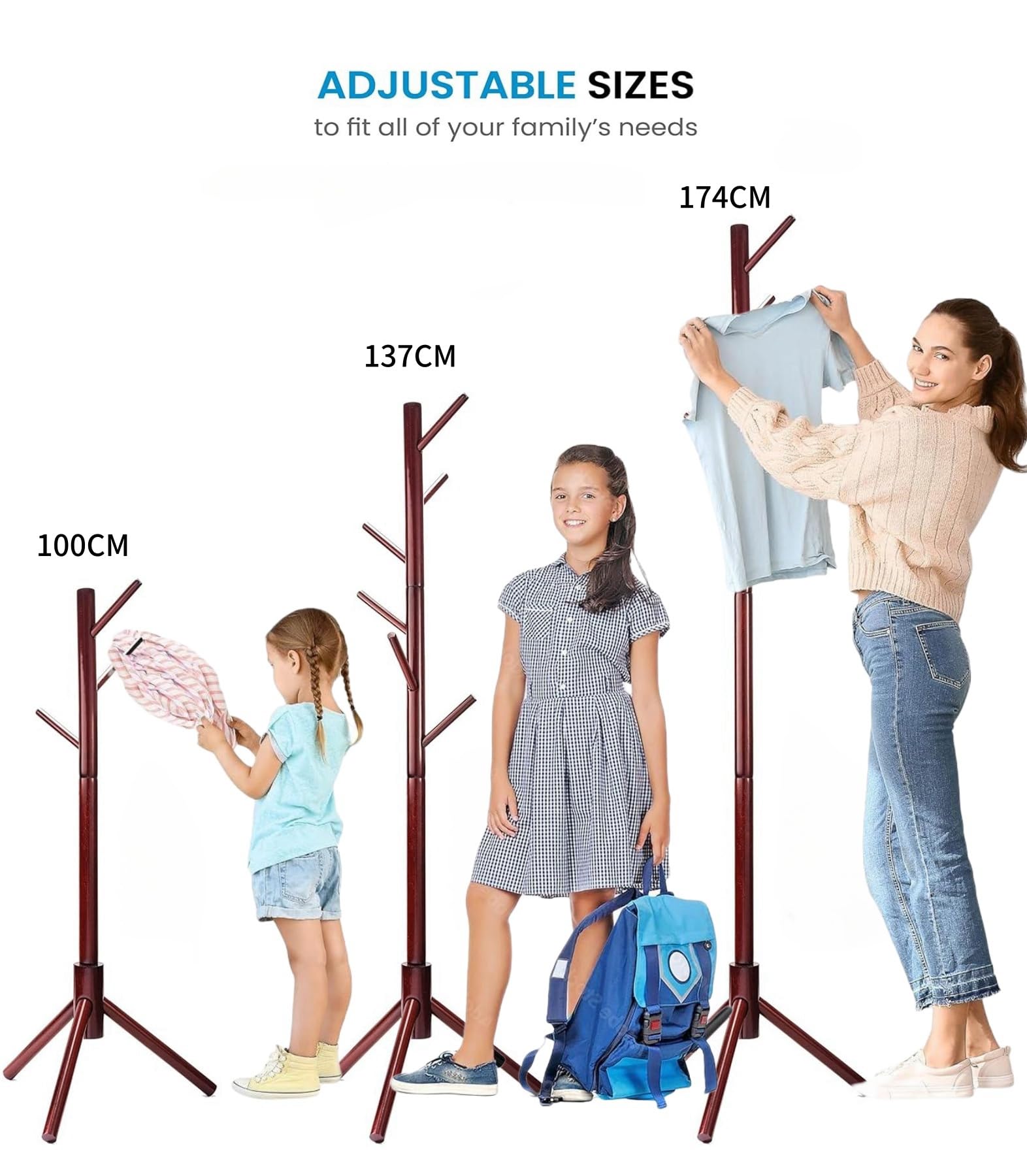 MEILEWLE Coat Stand, Coat Rack Freestanding, Coat Tree, w/ 6 Hooks and 3 Adjustable Size Solid Wood Coat Rack Stand easy to assemble for Bedroom