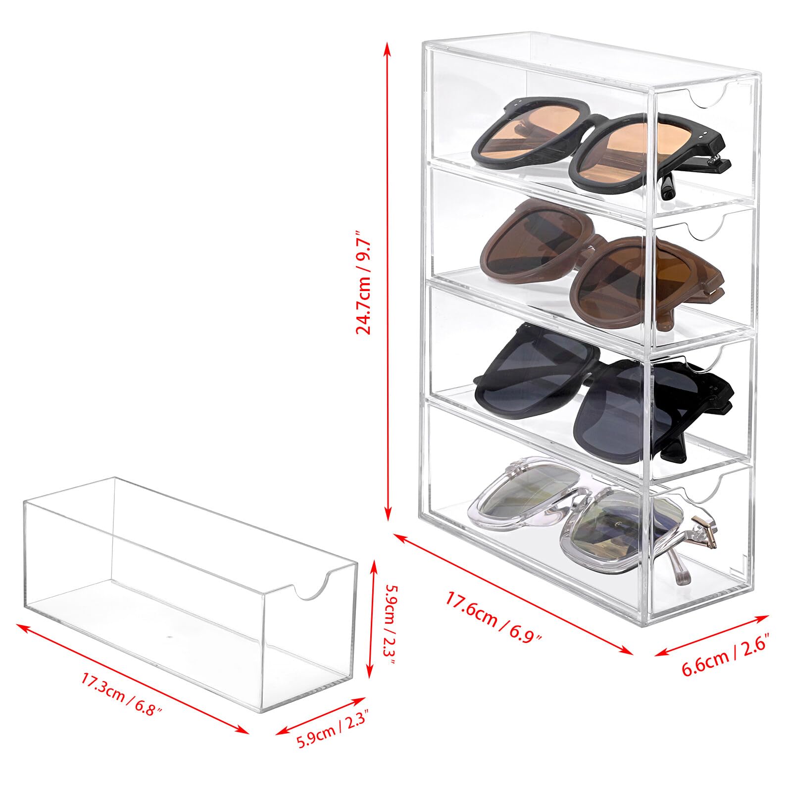 TOLIDA Clear Acrylic Sunglasses Organiser, 4 Slots Display Storage Drawer
