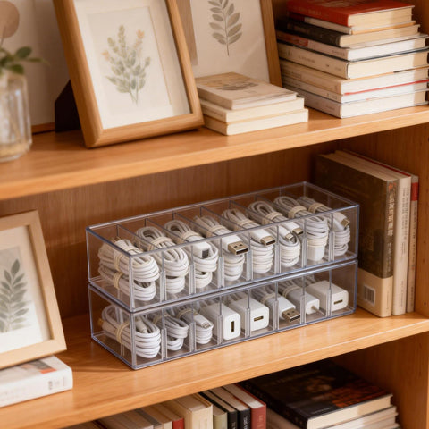 Punorric 2 PCS Cable Tidy Box Cable Storage with 8 Ties, Clear Wire Organiser Box