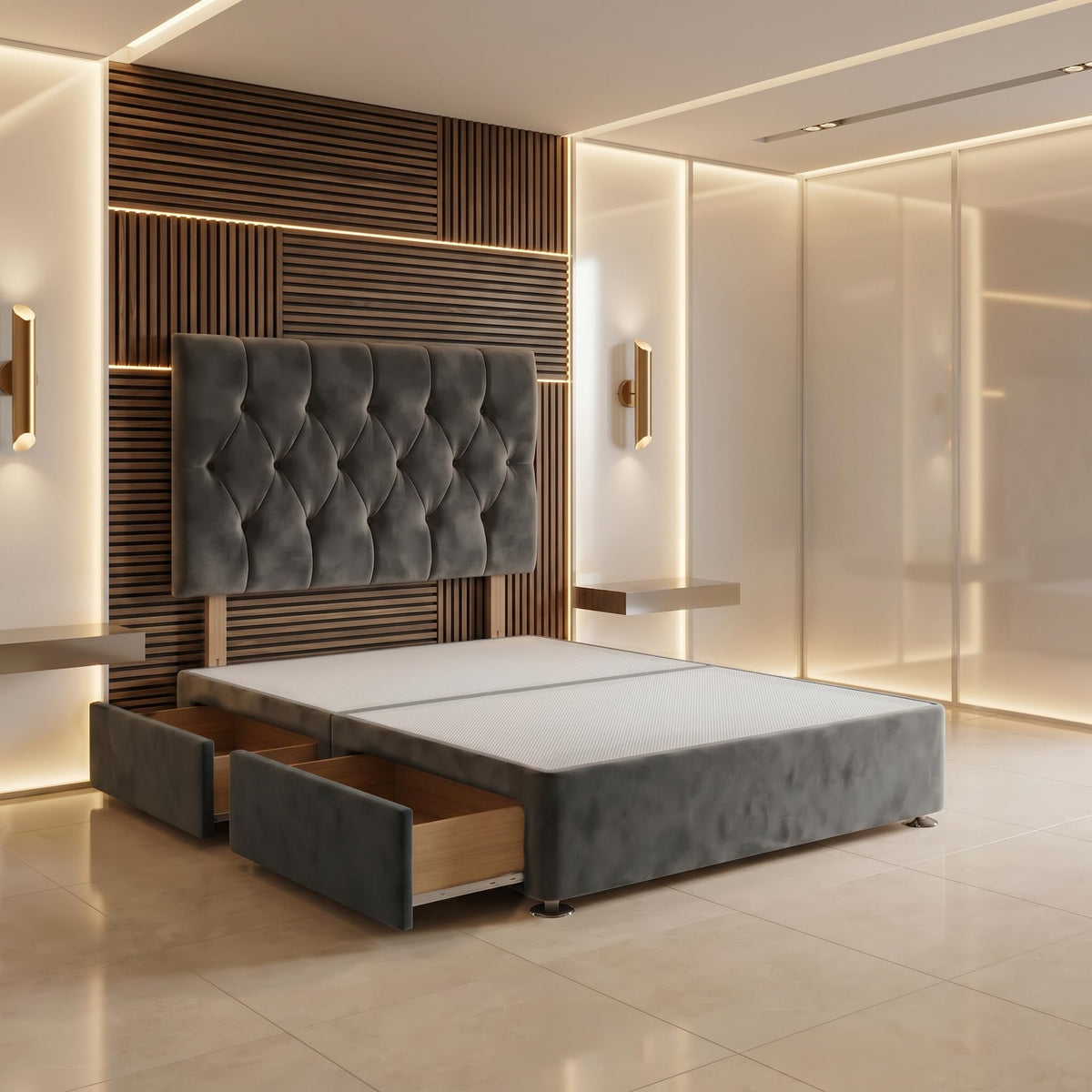 Bed Centre Divan Bed Base with Headboard – 2FT6 Small Single | Charcoal Plush Fabric | No Drawers | Luxury Upholstered Headboard