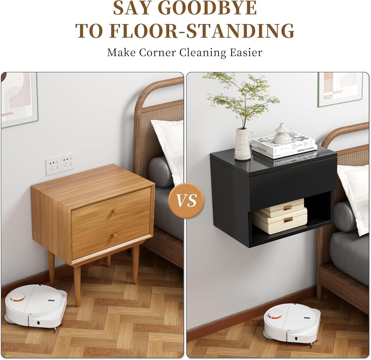 Kiseely Floating Nightstand, Modern Wall Mounted Bedside Table with Drawer, Wood Bedside Shelf & Desk, End Table Wood Modern Night Stand for Bedroom