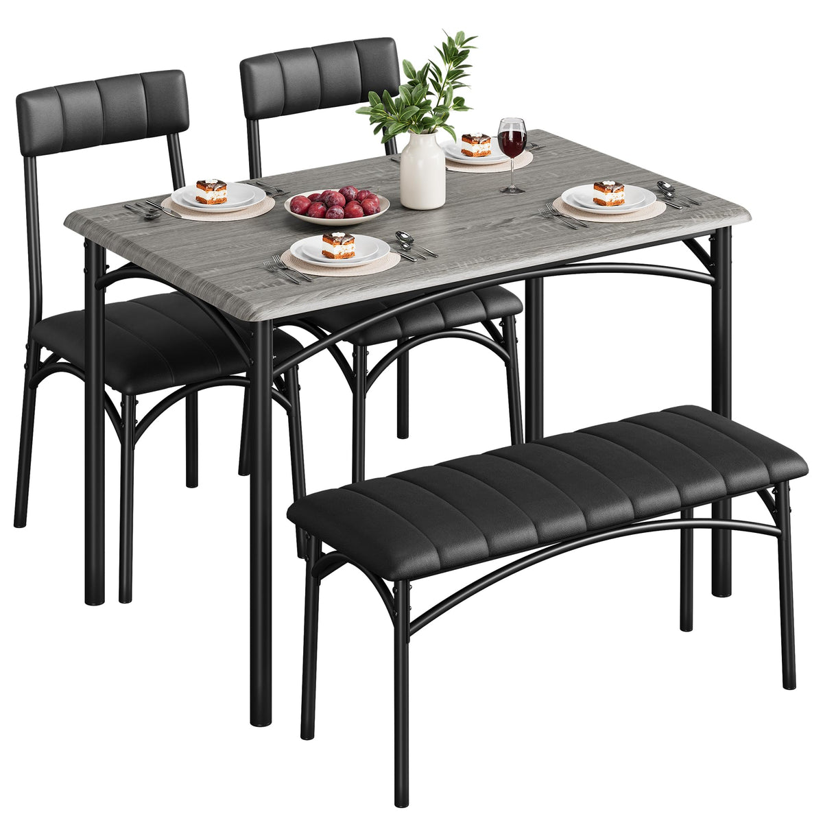 Lidzopas Dining Table Set Upholstered Chairs & Bench, Compact Space-Saving, Industrial Rustic Metal Frame, Sturdy Durable