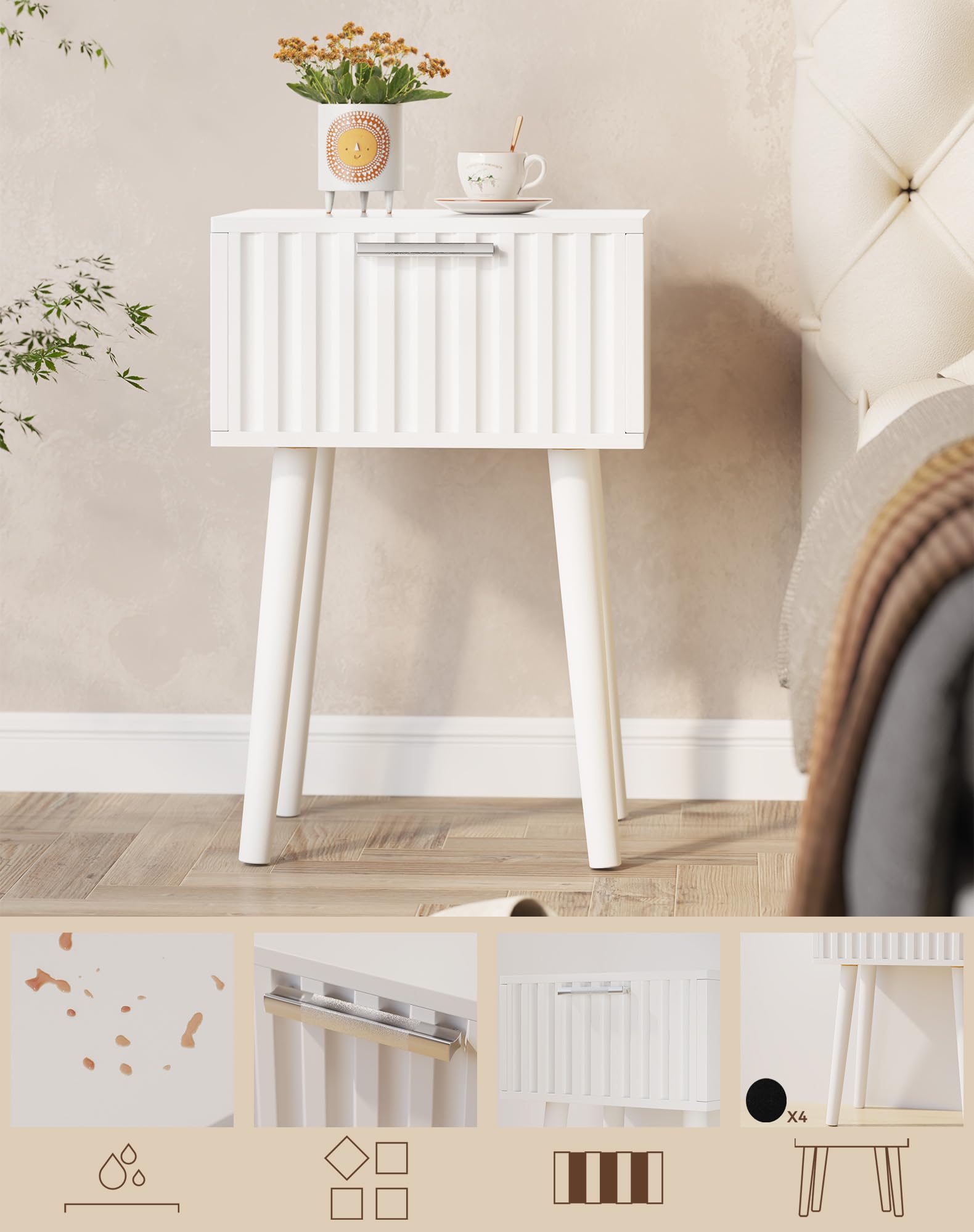 YMYNY Fluted Nightstand Set of 2, Small End Table, Modern Coffee Table with Drawer, Solid Wood Legs, Retaining Chain, 35x27x53cm