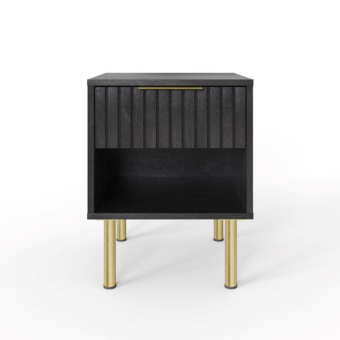 GFW Nervata Lamp Table, Black Side Table with Drawer Storage, Art Deco Style End Table with Gold Accents and Wood Grain Texture for Living Room and