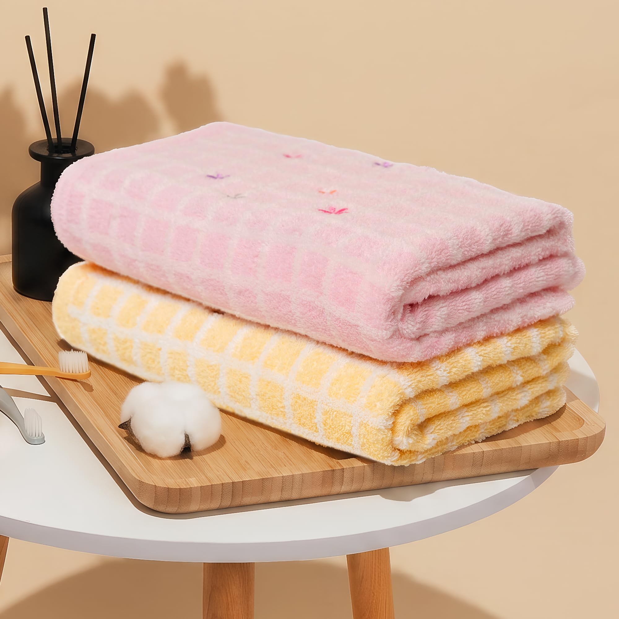 Vie TRIOMPHE 2-Pack Embroidered Checkered Bath Towels 70x130cm, Zero-Twist Long-Staple Cotton, Pink plus Yellow Jacquard Grid Pattern