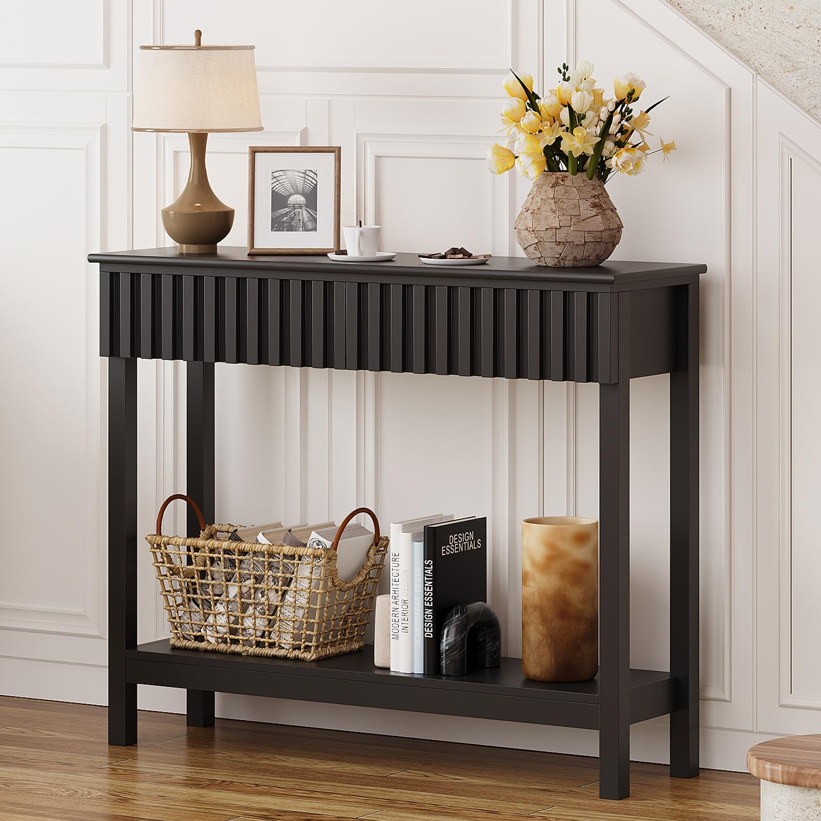 Trironsun Narrow Fluted Console Table with 2 Drawers and Open Shelf Modern Painted Wood Sofa Table for Hallway, Living Room or Behind Couch (Black)