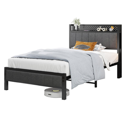 MOFLUT Single Bed Frame with Storage Headboard Shelf, No Box Spring Needed
