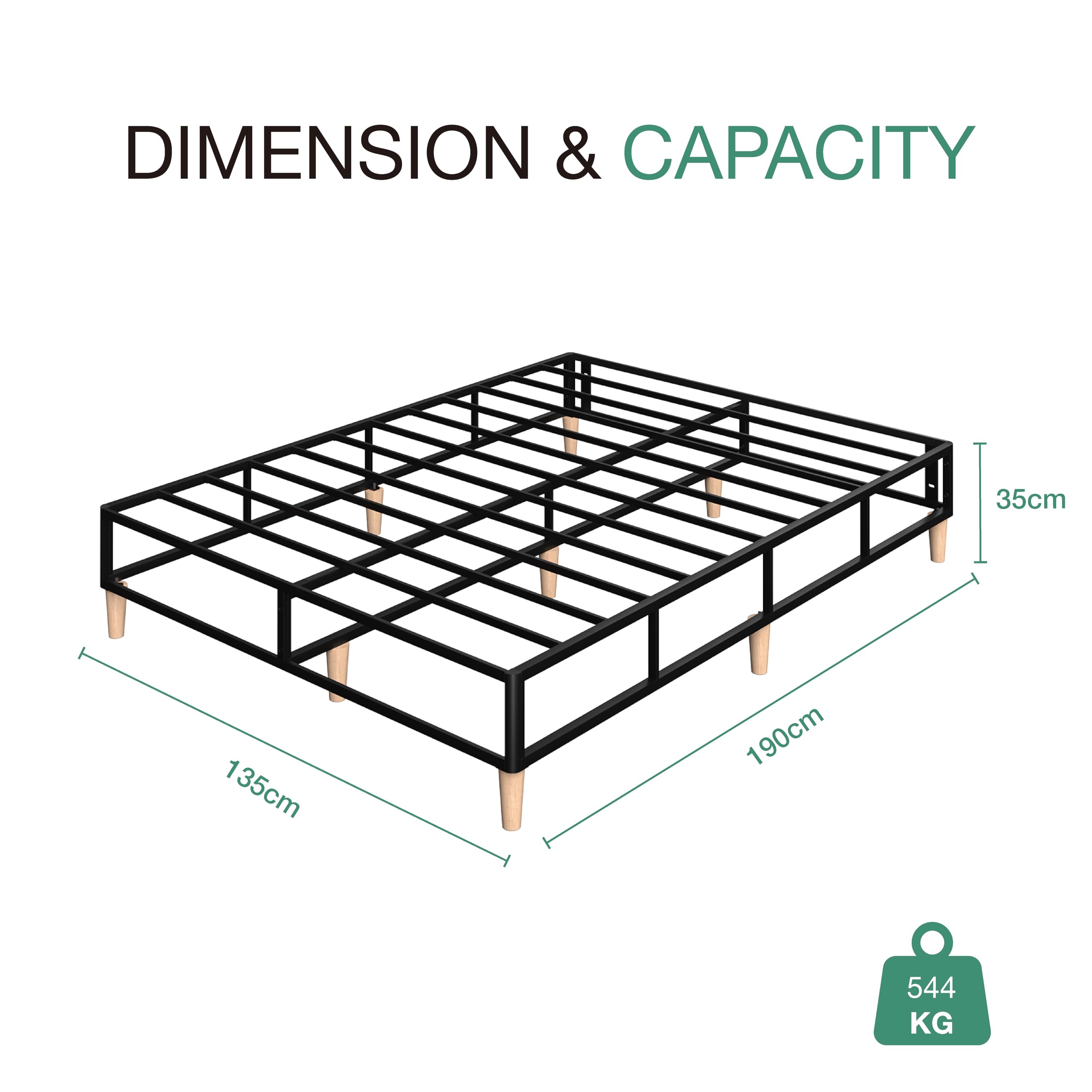 Novilla 35cm Double Metal Platform Bed Frame, 4FT6 Mattress Foundation With Fabric Cover, Metal Slat Support, Solid Wooden Support Legs