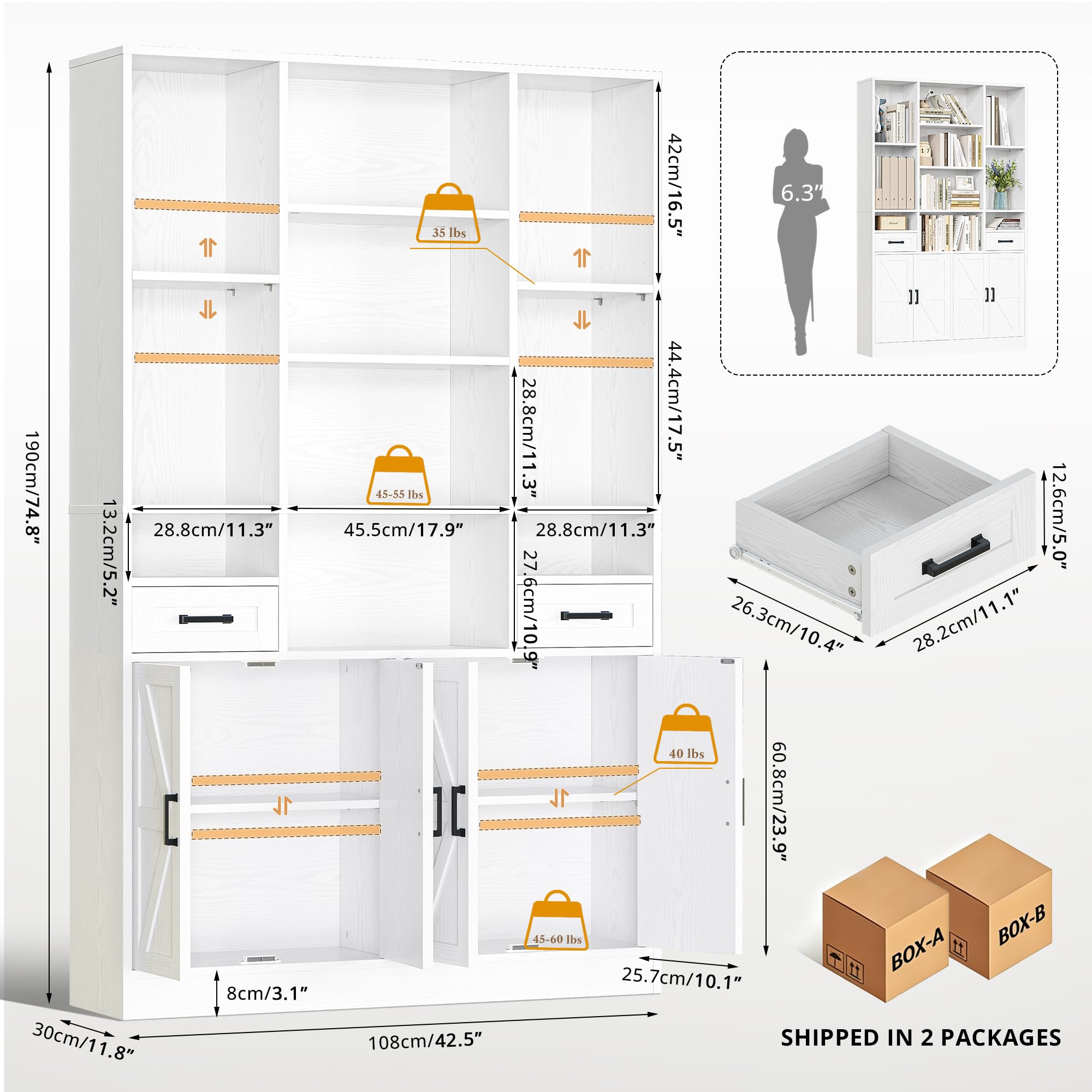 IRONCK Bookcase Bookshelf with Doors & Drawers 190cm Tall Living Room Bookcases,10 Multi-Size Open Compartments, Free Standing Display Shelf