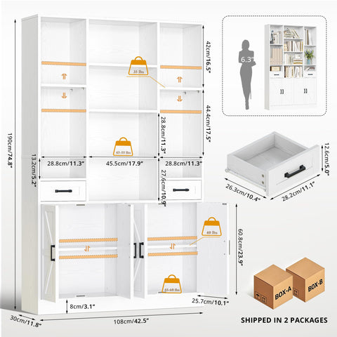 IRONCK Bookcase Bookshelf with Doors & Drawers 190cm Tall Living Room Bookcases,10 Multi-Size Open Compartments, Free Standing Display Shelf