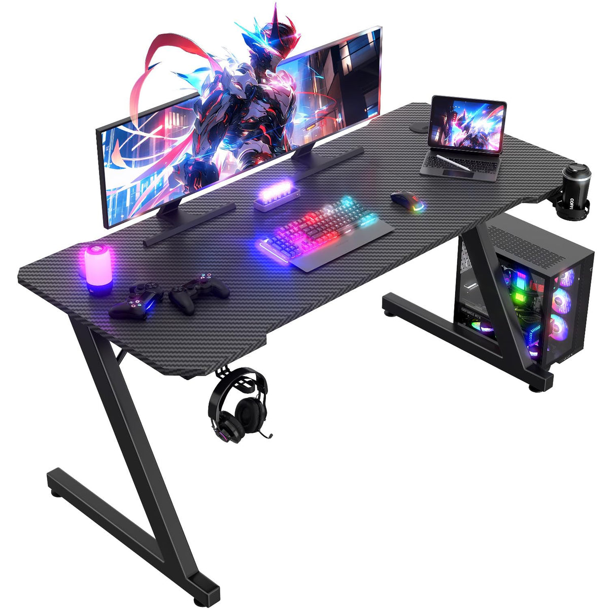 JUMMICO Gaming Table Gaming table with cup holder and headset holder, 2 professional cable management holes, carbon fiber table top