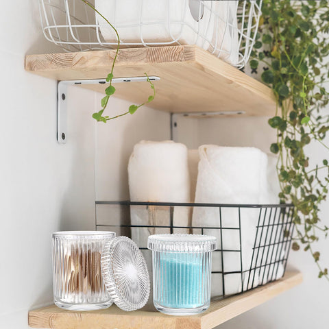 OLegei Glass Cotton Ball and Swab Holder Organizer, Set of 2 Bathroom Glass Storage Jars with Lid, Q-tips Floss Dispenser
