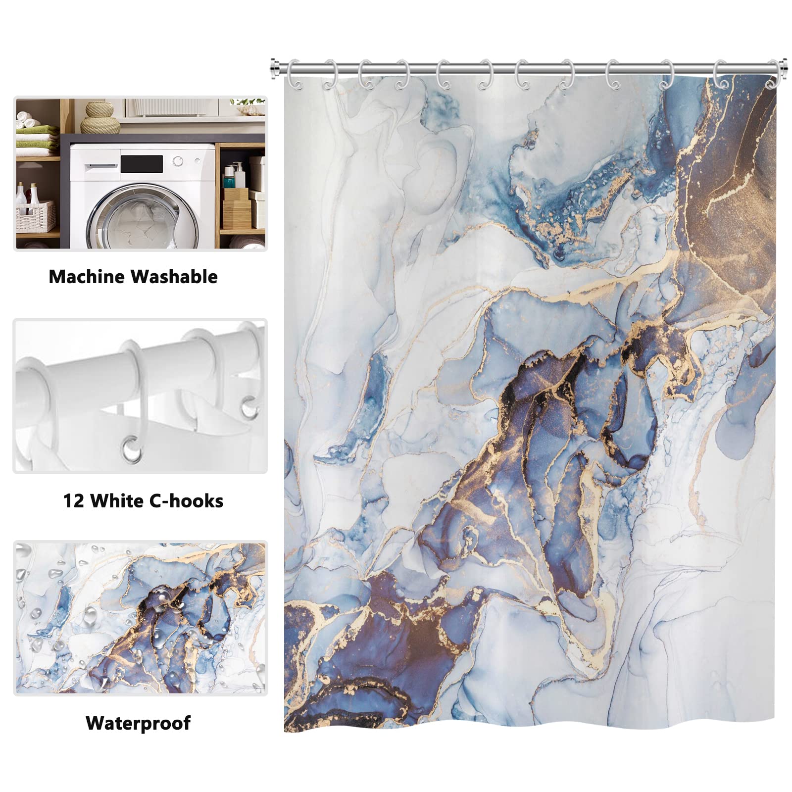 ASDCXZ Marble Shower Curtain 180x180 cm, Modern Abstract Art Blue Gold White Marble Optic Texture Bath Washable Shower Curtains Polyester Textile
