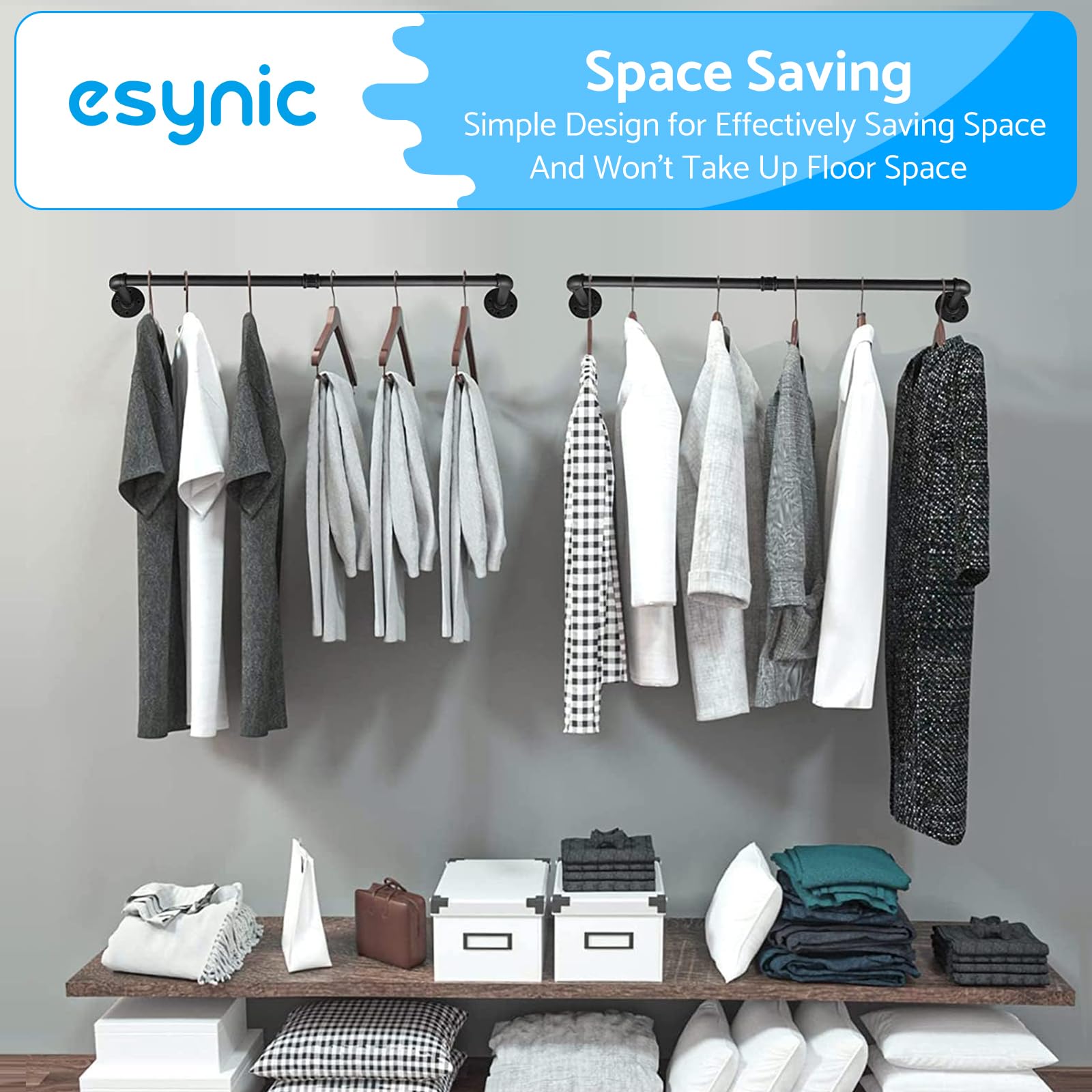 eSynic 60cm Black Industrial Wall Mounted Clothes Rail Heavy Duty