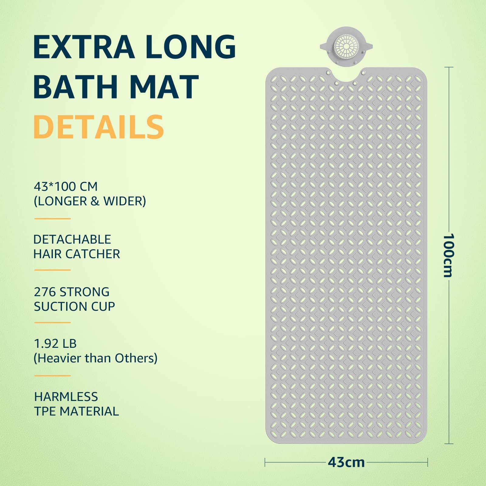 Yolife Bath Mat for Tub Non Slip: 43 X 100 cm Long Bathtub Mat with Hair Catcher│Big Drain Holes Shower Mats for Inside Shower│Machine Washable (Grey)