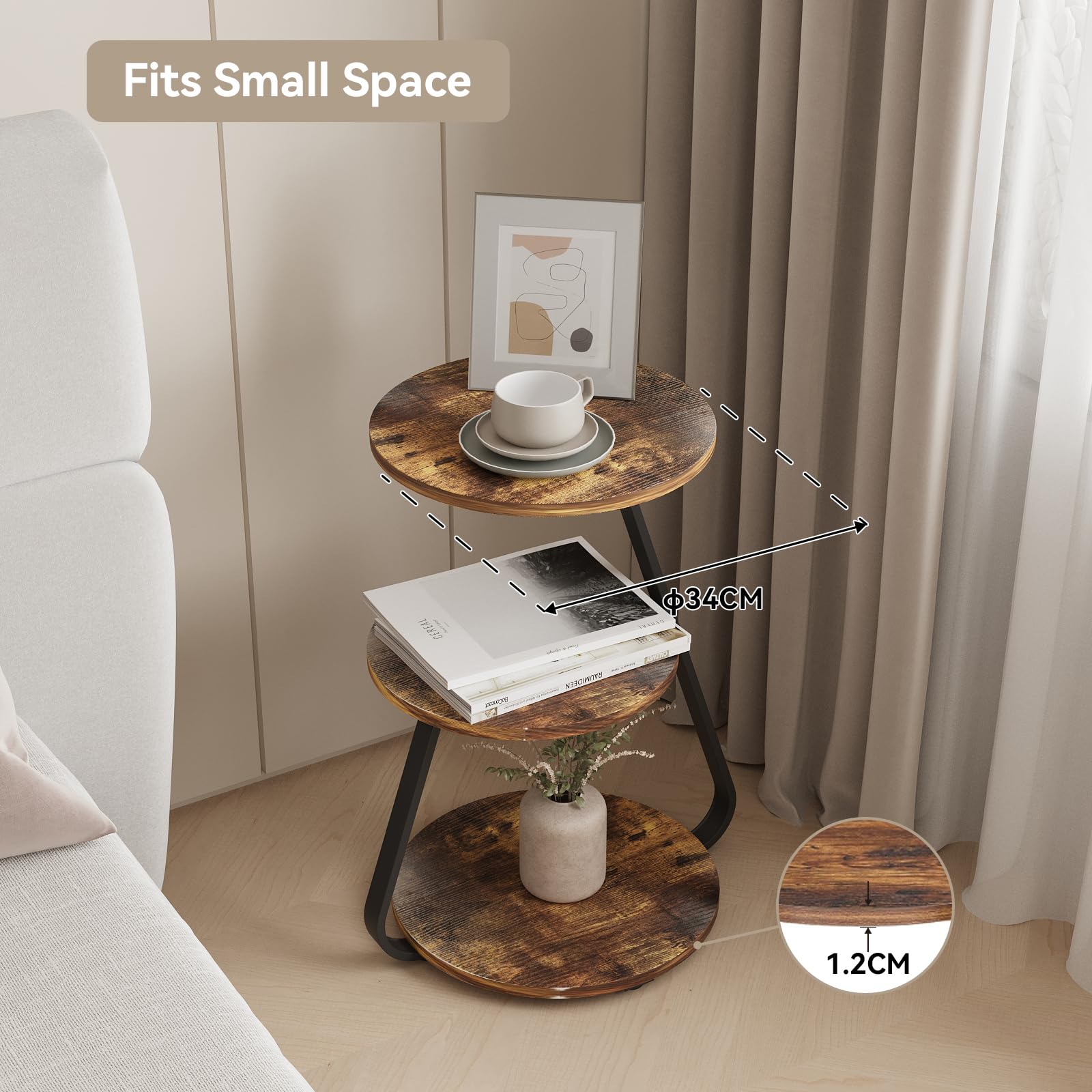 ARTETHYS Side Table, Small Round Coffee Table, Rustic Brown
