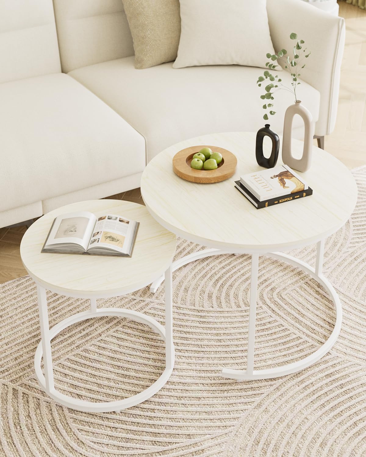 HEYZOEY Round Coffee Tables, Removable Set of 2 End Table, Nesting Tables with White Metal Frame Legs and Wooden Oak Top for Living Room, Bedroom