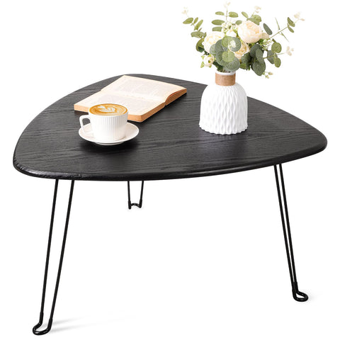 FEUFOAM Black Folding Coffee Table Small Oval Coffee Tables Wooden Triangle Floor Desk for Sitting on the Floor Mid Century Modern Center Sofa Table