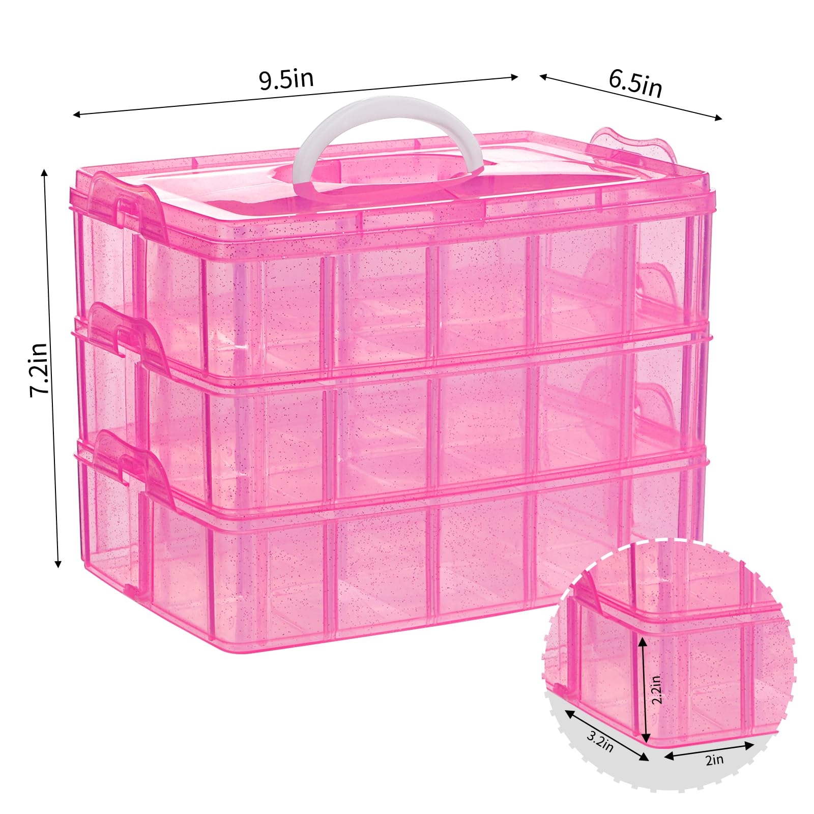 SGHUO 3-Tier Pink Craft Storage Container Box, Stackable Organizer Box with Dividers for Art Supplies, Beads, Washi Tapes, Seed, Hair Accessories